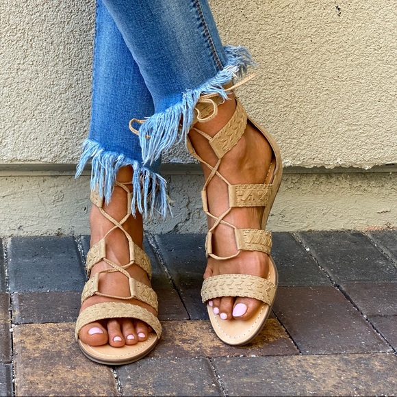 Braided Straps Gladiator Ankle Wrap Kitten Wedges - Picture 2 of 11